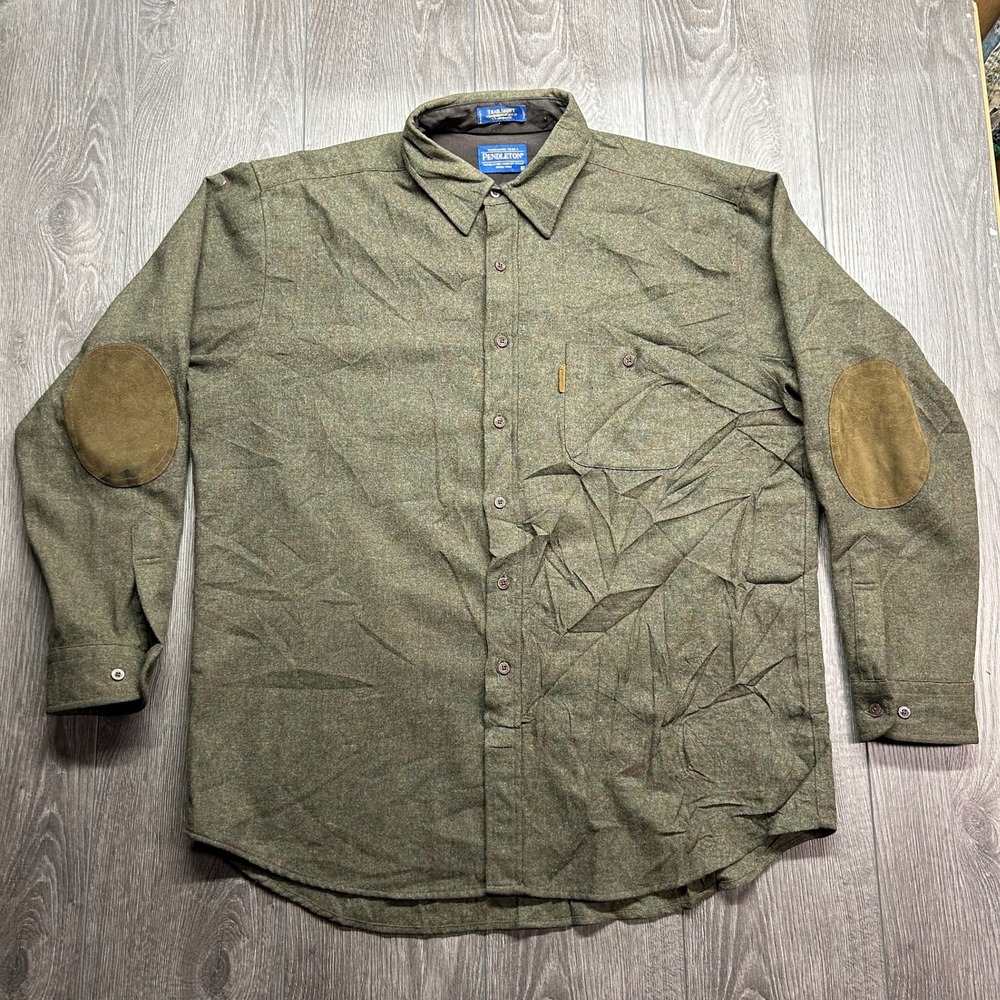 Pendleton Trail Shirt Mens XL Olive Green Wool Elbow Patches Button Up Flannel